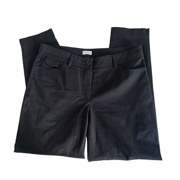 Brunello Cucinelli Black Cotton Stretch Tapered Trouser Pants Mid Rise Size 10 - Picture 2 of 10